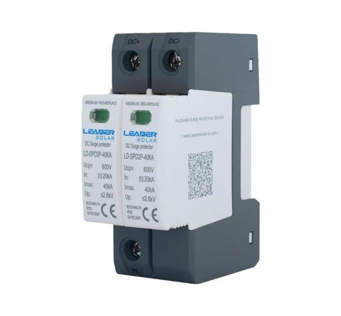Обмежувач напруги Leader LD-SPD2P-40KA-600V DC під DIN-рейку Обмежувач напруги Leader LD-SPD2P-40KA-600V DC під DIN-рейку