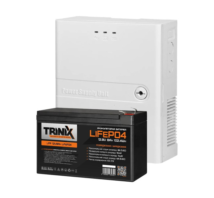 Комплект резервного питания Trinix: источник бесперебойного питания PSU-1203LED(P) LiFePO4 и аккумуляторная батарея LFP 12V8Ah LiFePO4 Комплект резервного питания Trinix: источник бесперебойного питания PSU-1203LED(P) LiFePO4 и аккумуляторная батарея LFP 12V8Ah LiFePO4