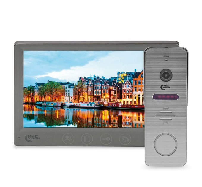 Комплект видеодомофона Light Vision с электрозамком: домофон 7" AMSTERDAM FHD Grey, видеопанель 2Mp RIO FHD Grey, электромеханический замок Trinix TRX Fass Steel