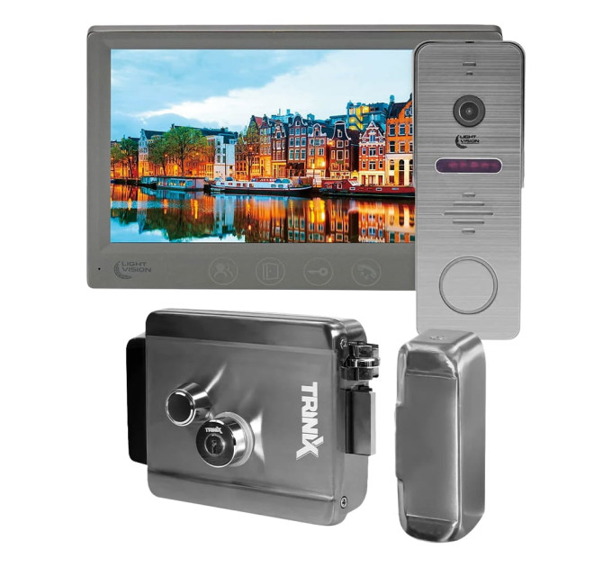 Комплект видеодомофона Light Vision с электрозамком: домофон 7" AMSTERDAM FHD Grey, видеопанель 2Mp RIO FHD Grey, электромеханический замок Trinix TRX Fass Steel Комплект видеодомофона Light Vision с электрозамком: домофон 7" AMSTERDAM FHD Grey, видеопанель 2Mp RIO FHD Grey, электромеханический замок Trinix TRX Fass Steel