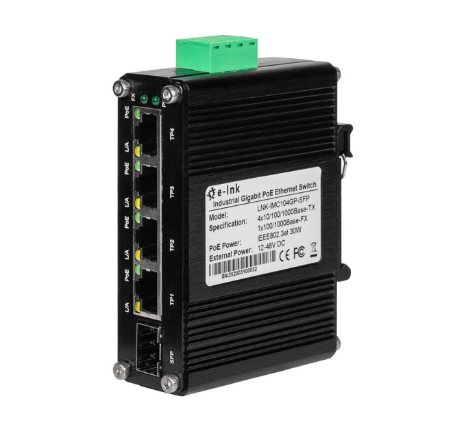 PoE-комутатор 5-портовий E-LINK LNK-IMC104GP-SFP IN 12-48V