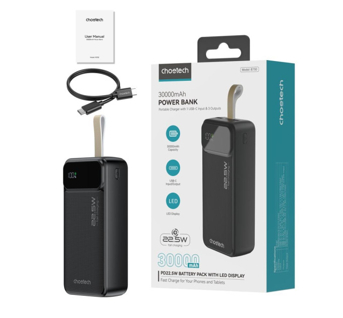 Повербанк 30000 mAh Choetech B730 Black 22.5W QC3.0 PD3.0