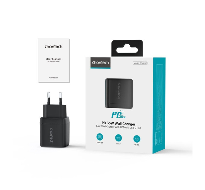 Сетевое зарядное устройство для Choetech PD6052 PD35W GAN A+C Black