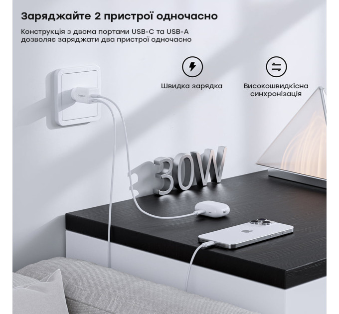 Мережевий зарядний пристрій Choetech PD5012 mini PD30W GAN A+C White