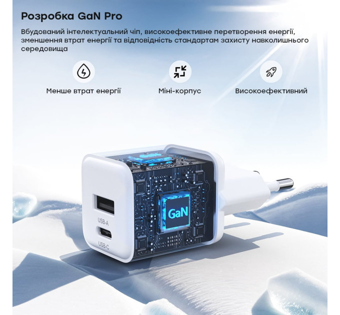 Мережевий зарядний пристрій Choetech PD5012 mini PD30W GAN A+C White