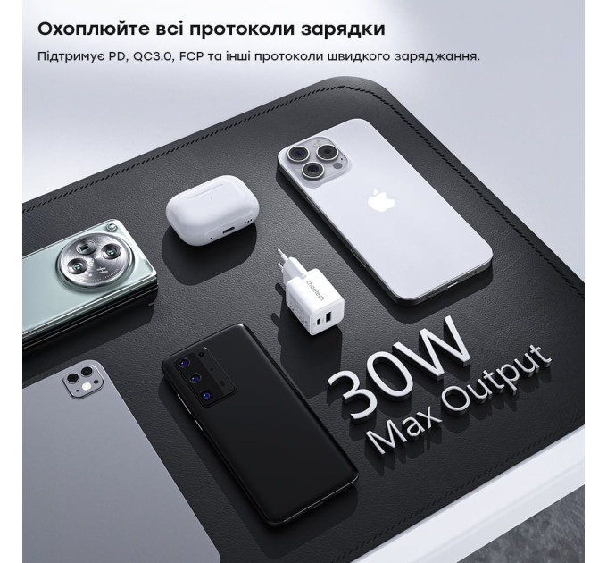 Мережевий зарядний пристрій Choetech PD5012 mini PD30W GAN A+C White