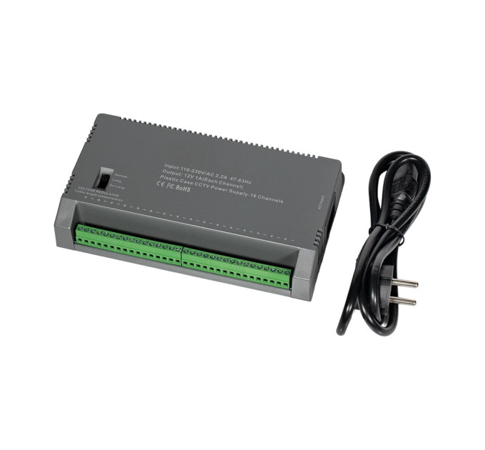 Блок живлення Kraft KRF-1216B (16CH) 200W, 16 каналів навантаження, 12V/1A на 1 канал, з регулятором напруги для компенсації довжини кабелю