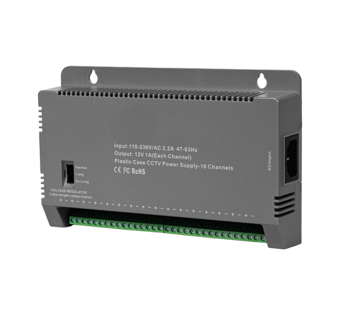 Блок живлення Kraft KRF-1216B (16CH) 200W, 16 каналів навантаження, 12V/1A на 1 канал, з регулятором напруги для компенсації довжини кабелю