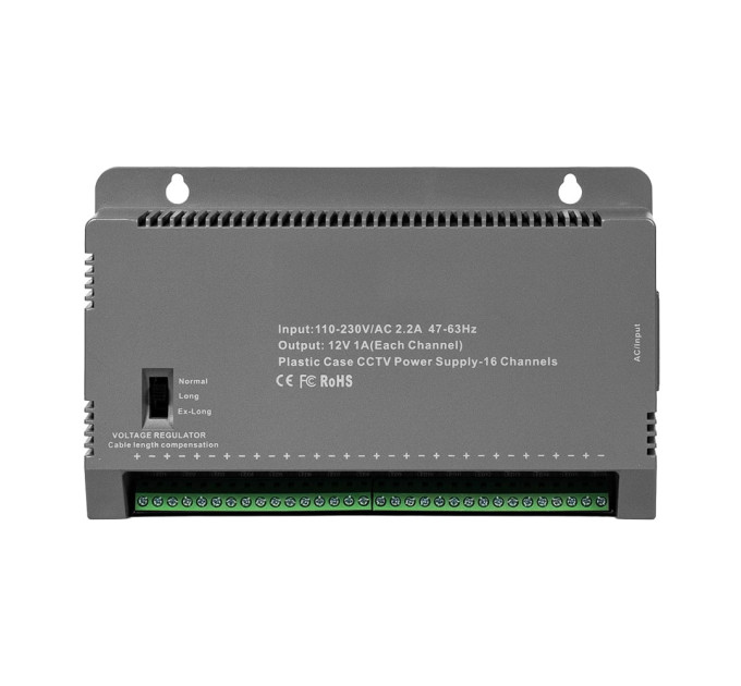 Блок живлення Kraft KRF-1216B (16CH) 200W, 16 каналів навантаження, 12V/1A на 1 канал, з регулятором напруги для компенсації довжини кабелю