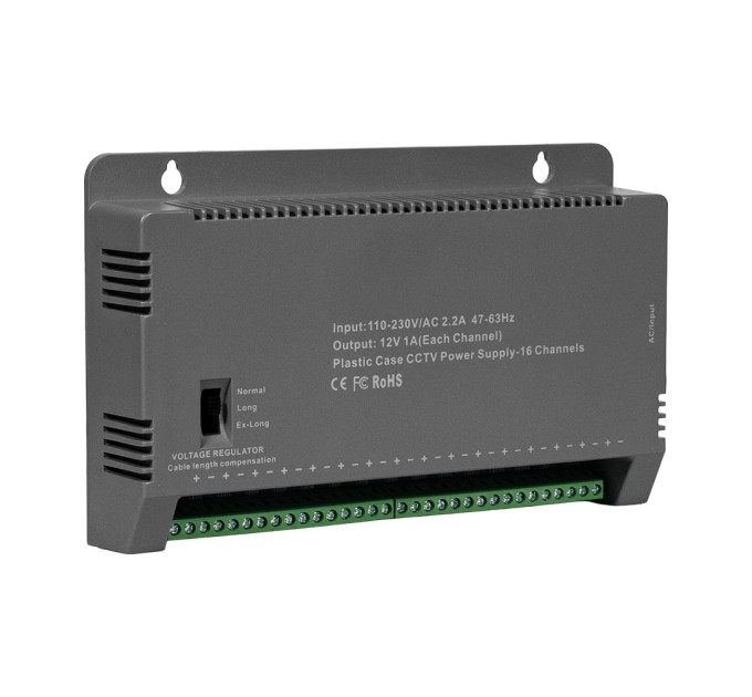 Блок живлення Kraft KRF-1216B (16CH) 200W, 16 каналів навантаження, 12V/1A на 1 канал, з регулятором напруги для компенсації довжини кабелю