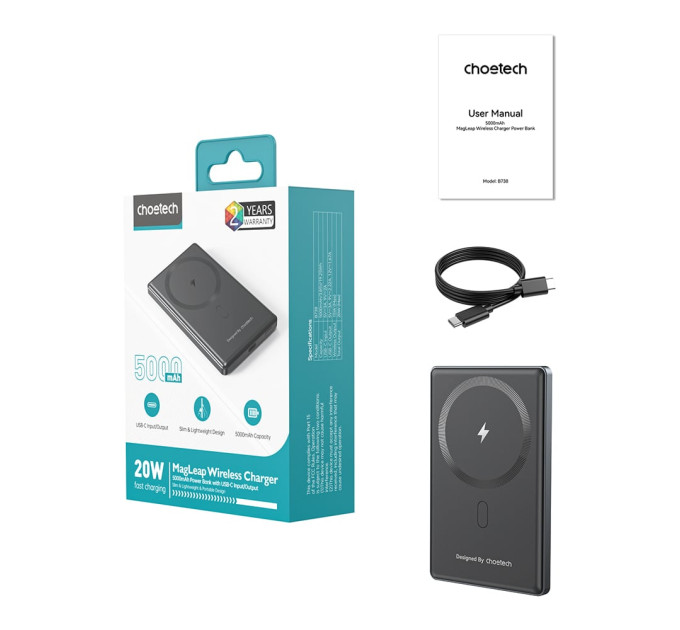 Повербанк 5000mAh Choetech B738 Black QC3.0 PD3.0 беспроводная магнитная зарядка