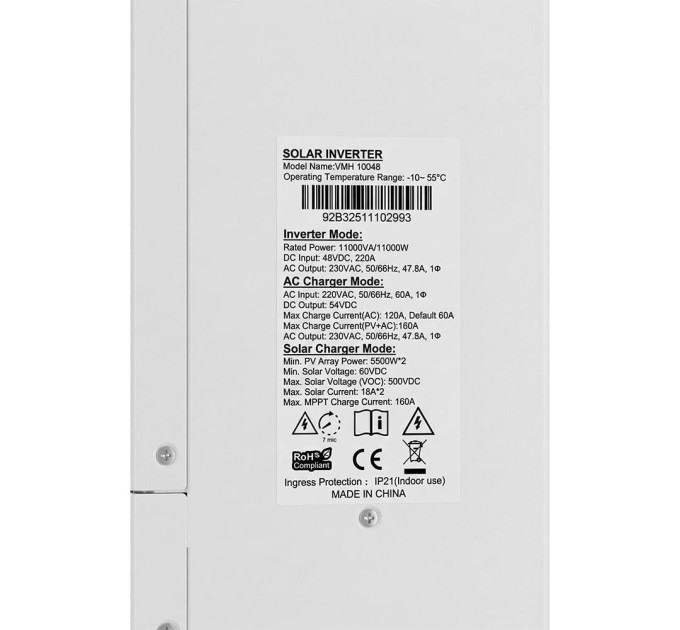 Гибридный инвертор для солнечных панелей 11kW Kraft VMH-10048 DC48V, 2MPPT, off-grid