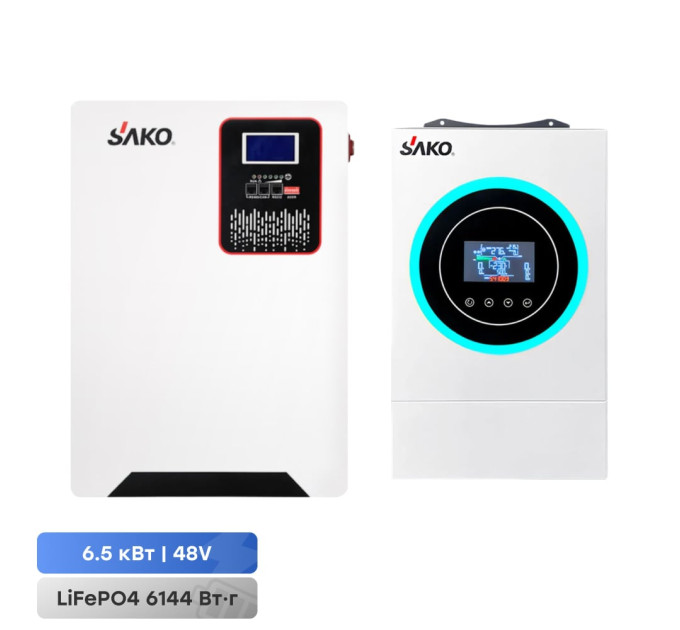 Комплект резервного питания Sako: гибридный инвертор 6.5kVA/6.2kW SUNON V 48V+120A MPPT и аккумуляторная батарея 51.2В 6144Втг Li-Sun series LiFePo4 Комплект резервного питания Sako: гибридный инвертор 6.5kVA/6.2kW SUNON V 48V+120A MPPT и аккумуляторная батарея 51.2В 6144Втг Li-Sun series LiFePo4