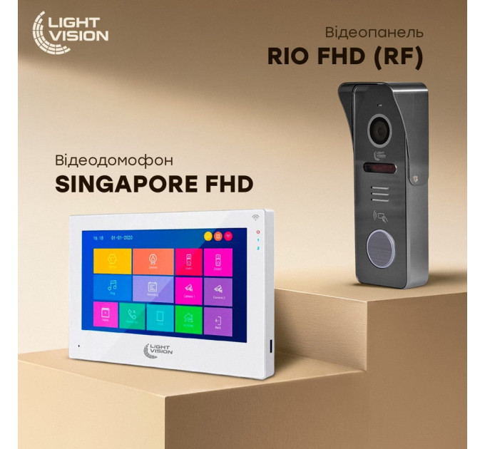 Комплект видеодомофона Light Vision: домофон 7" SINGAPORE (AI) FHD White и видеопанель RIO FHD Grey