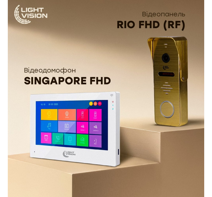 Комплект видеодомофона Light Vision: домофон 10" SINGAPORE (AI) FHD White и видеопанель RIO FHD Gold
