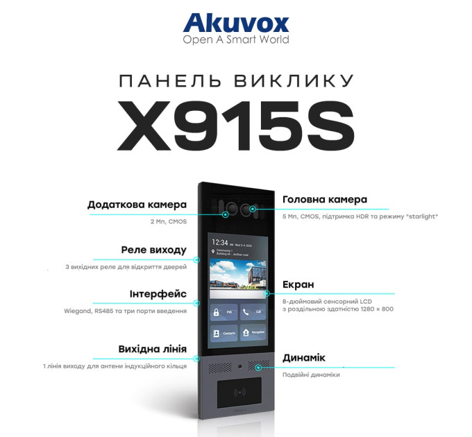 IP-відеопанель багатоабонентська 5Mp Akuvox X915S з екраном 8", розпізнаванням облич та зчитувачем EM-Marine / Mifare / NFC / BLE / QR