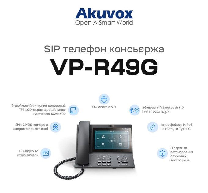 SIP-відеотелефон з WiFi 2Mp Akuvox VP-R49G на 2 SIP акаунти