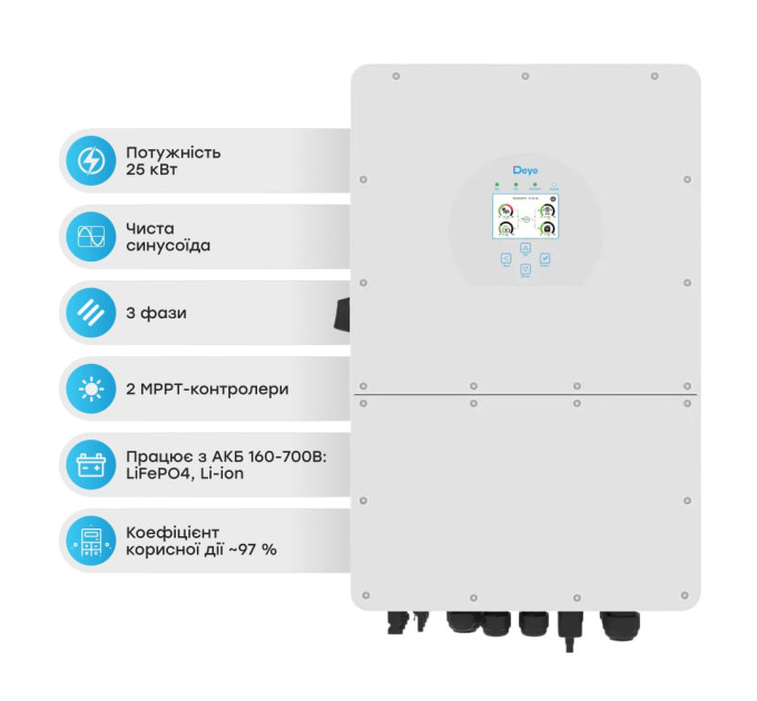 Гібридний трифазний інвертор 25kW Deye SUN-25K-SG01HP3-EU-AM2 3Ф Гібридний трифазний інвертор 25kW Deye SUN-25K-SG01HP3-EU-AM2 3Ф
