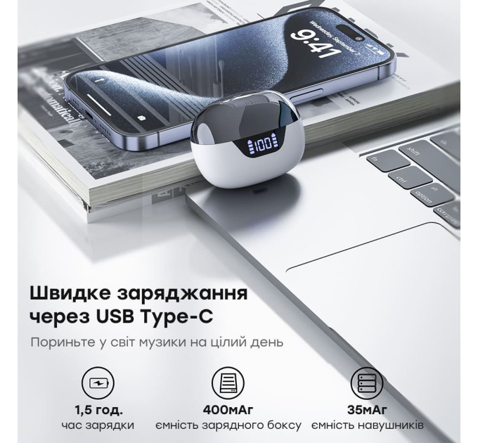 Беспроводные наушники Choetech BH-T60 White TWS, Bluetooth 5.3, ANC+ENC, LED-дисплей