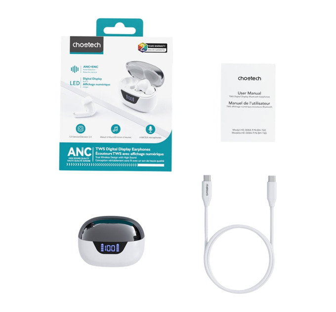 Беспроводные наушники Choetech BH-T60 White TWS, Bluetooth 5.3, ANC+ENC, LED-дисплей
