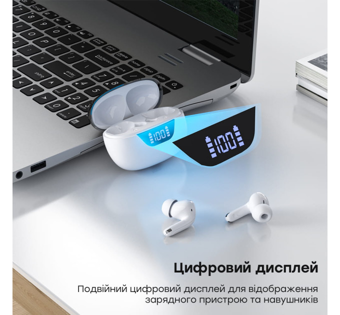 Беспроводные наушники Choetech BH-T60 White TWS, Bluetooth 5.3, ANC+ENC, LED-дисплей