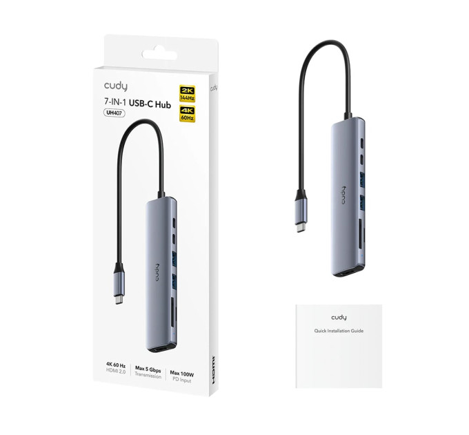 USB-C хаб 7-в-1 Cudy UH407 HDMI 4K@60Hz, 2 USB-A, 2 USB-C, SD-card, TF-card