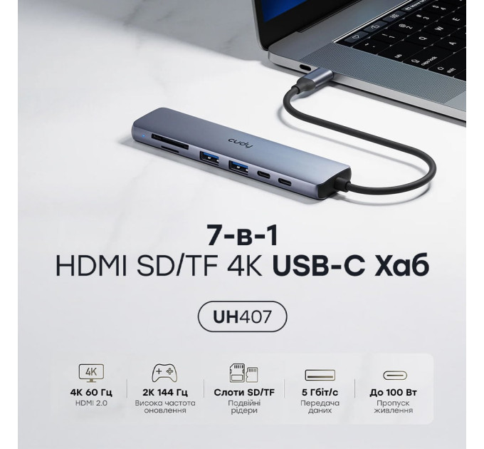 USB-C хаб 7-в-1 Cudy UH407 HDMI 4K@60Hz, 2 USB-A, 2 USB-C, SD-card, TF-card