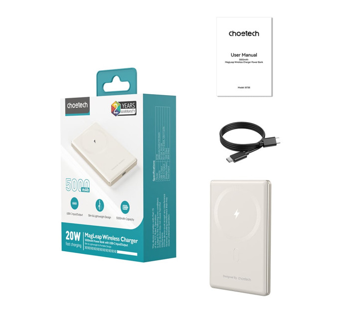 Повербанк 5000mAh Choetech B738 White QC3.0 PD3.0 беспроводная магнитная зарядка