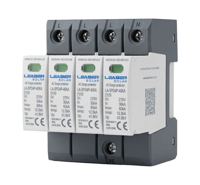 Обмежувач напруги Leader LA-SPD4P-40KA (3P+N) 275V AC під DIN-рейку Обмежувач напруги Leader LA-SPD4P-40KA (3P+N) 275V AC під DIN-рейку