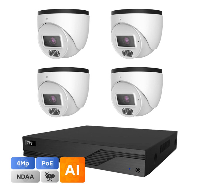 Комплект IP-відеонагляду на 4 камери TVT IP-Video Kit 4x4Mp (T) PoE: 4 купольні 4Mp відеокамери + 4-канальний 6Mp відеореєстратор