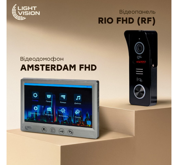 Комплект видеодомофона Light Vision: домофон 7" AMSTERDAM FHD Grey и видеопанель RIO FHD Black