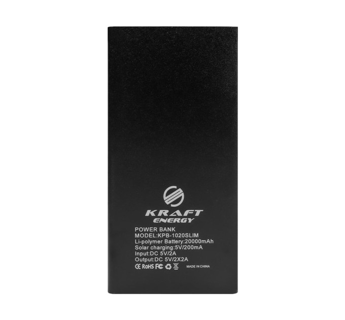 Повербанк с солнечной панелью 20000mAh Power Bank Kraft KPB-1020SLIM Black LED-фонарь