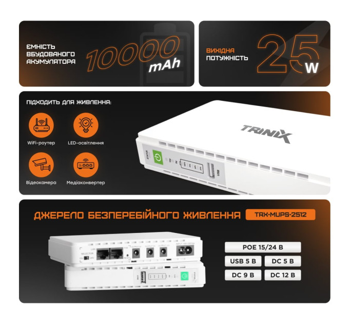 Джерело безперебійного живлення DC UPS Trinix TRX-MUPS-2512 (10000mAh) 5V/9V/12V/15V/24V/PoE, Li-ion 4*2.5Ah, для роутера і медіаконвертера