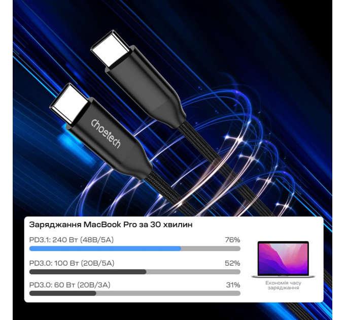 Кабель Choetech ХСС-1060 Black USB-C на USB-C PD3.1 240W 1m+2m, набор из 2 шт.