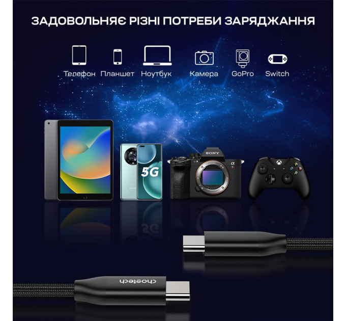 Кабель Choetech ХСС-1060 Black USB-C на USB-C PD3.1 240W 1m+2m, набор из 2 шт.