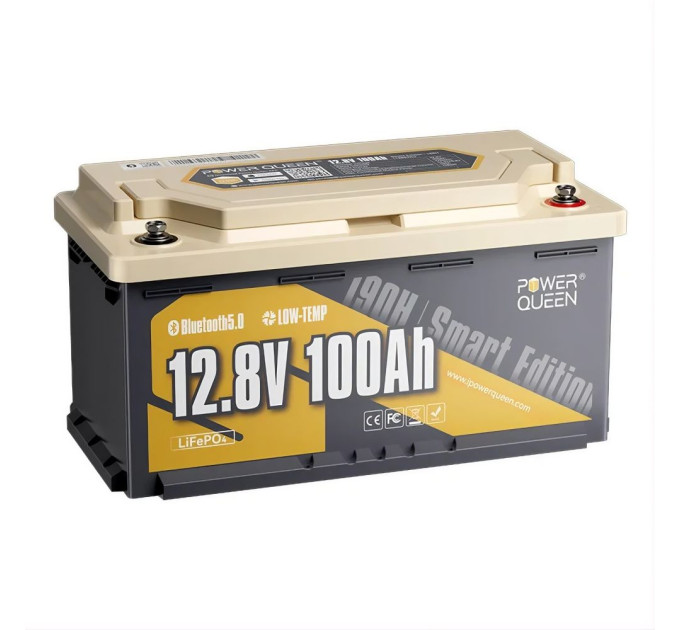 Акумуляторна батарея літій-залізо-фосфатна з Bluetooth 12.8В 100А*год LiFePO4 Power Queen H190 P12V100-100-RV190-BT-4-AC150