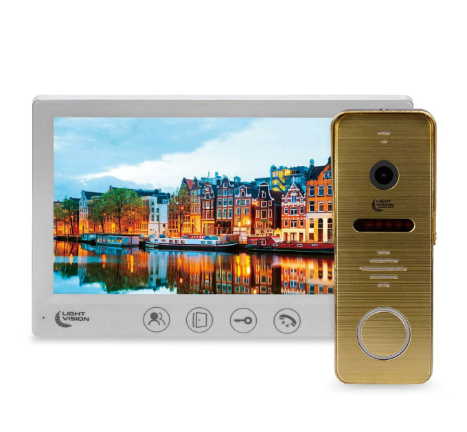 Комплект видеодомофона Light Vision: домофон 7" AMSTERDAM FHD White и видеопанель RIO FHD Gold Комплект видеодомофона Light Vision: домофон 7" AMSTERDAM FHD White и видеопанель RIO FHD Gold
