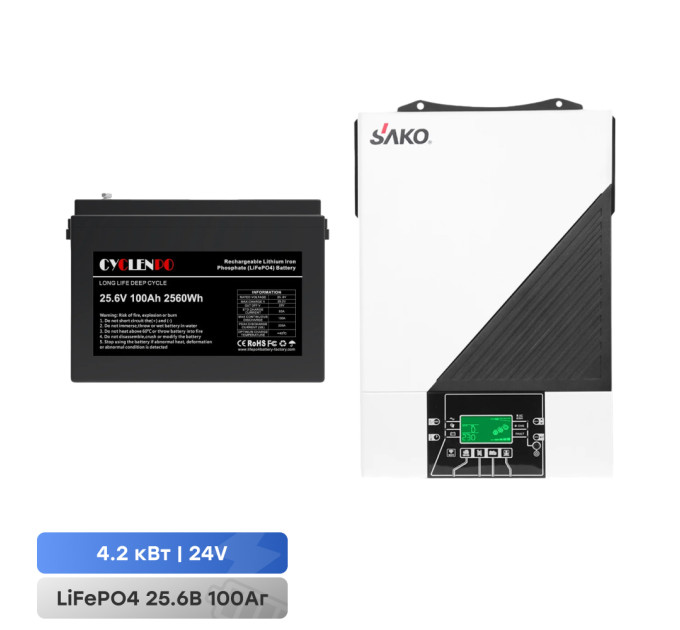 Комплект резервного питания: автономный инвертор 4.2kW Sako SUNON IV 24V +120A MPPT и аккумуляторная батарея 25.6В 100Аг Cyclen 25.6V 100AH LiFePo4 Комплект резервного питания: автономный инвертор 4.2kW Sako SUNON IV 24V +120A MPPT и аккумуляторная батарея 25.6В 100Аг Cyclen 25.6V 100AH LiFePo4