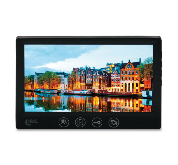 Комплект відеодомофона Light Vision з відеокамерою: домофон 7" AMSTERDAM FHD Black, відеопанель 2Mp RIO FHD (RF) White зі зчитувачем Mifare, MHD-відеокамера 2Mp VLC-1192WFM Graphite