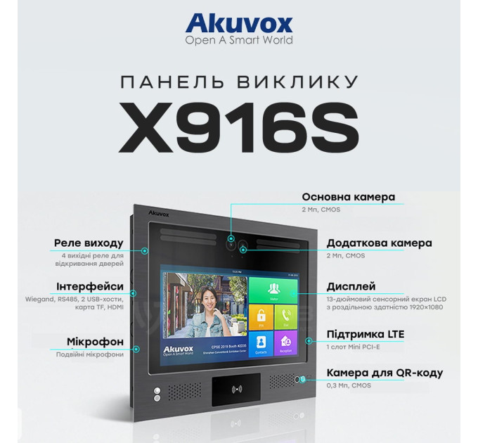 IP-відеопанель багатоабонентська 2Mp Akuvox X916S з екраном 13", розпізнаванням облич та зчитувачем EM-Marine / Mifare / NFC / BLE / QR