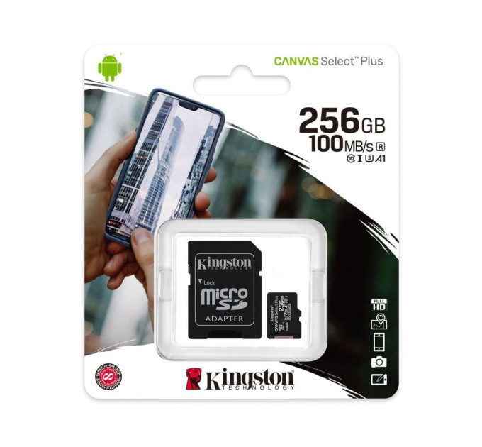 Карта памяти miсroSDXC 256GB Kingston TransFlash Memory Card с SD-адаптером 10 A1 Canvas Select Plus (SDCS2/256GB)