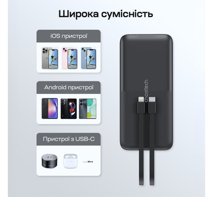 Повербанк 10000mAh Choetech B654 Black 22.5W QC3.0 PD3.0 вбудовані кабелі Type-C та Lightning