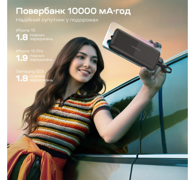 Повербанк 10000mAh Choetech B654 Black 22.5W QC3.0 PD3.0 вбудовані кабелі Type-C та Lightning