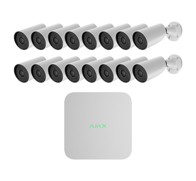 Комплект IP-відеонагляду на 16 камер Ajax IP-Video Kit 16x5Mp/2.8mm (BW): 16 циліндричних 5Mp відеокамер + 16-канальний 8Mp відеореєстратор