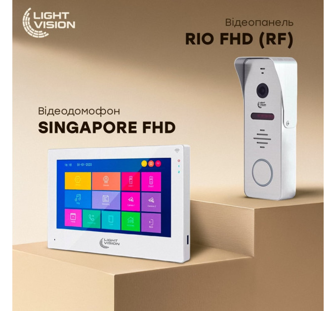 Комплект видеодомофона Light Vision: домофон 7" SINGAPORE (AI) FHD White и видеопанель RIO FHD Silver