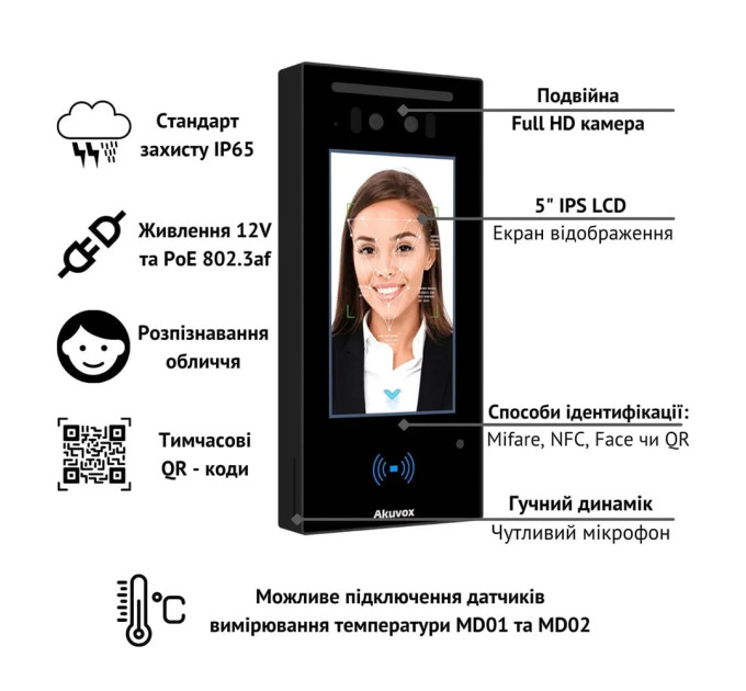 Біометричний термінал контролю доступу 2Mp Akuvox A05C з розпізнаванням облич та зчитувачем Mifare / NFC / BLE / QR