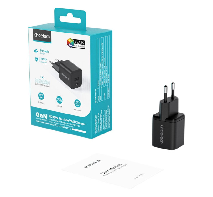 Сетевое зарядное устройство для Choetech PD5012 mini PD30W GAN A+C Black