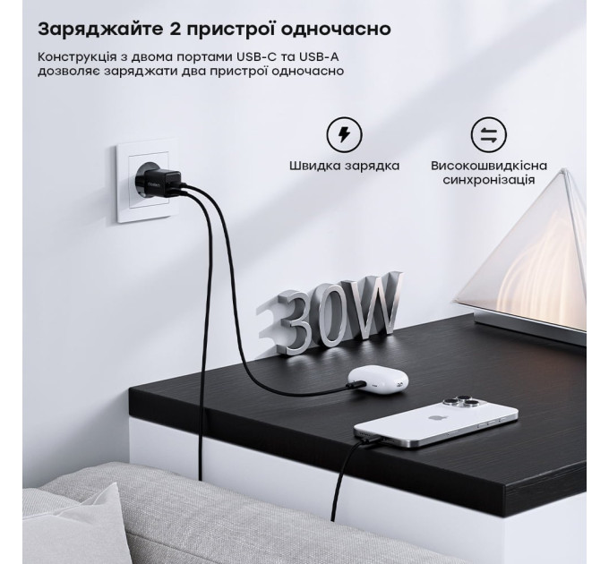 Сетевое зарядное устройство для Choetech PD5012 mini PD30W GAN A+C Black