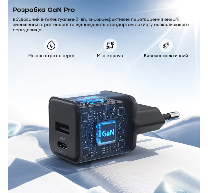 Сетевое зарядное устройство для Choetech PD5012 mini PD30W GAN A+C Black
