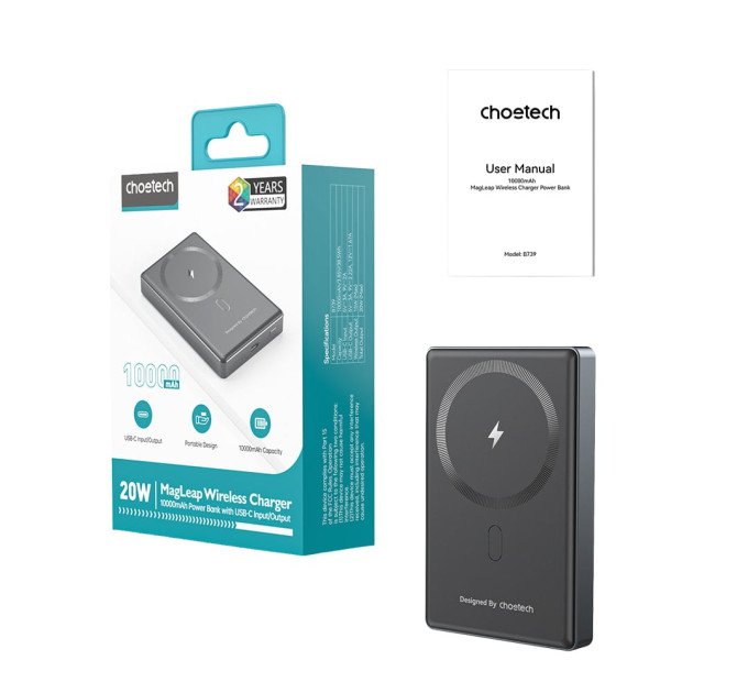Повербанк 10000mAh Choetech B739 Black QC3.0 PD3.0 бездротова магнітна зарядка